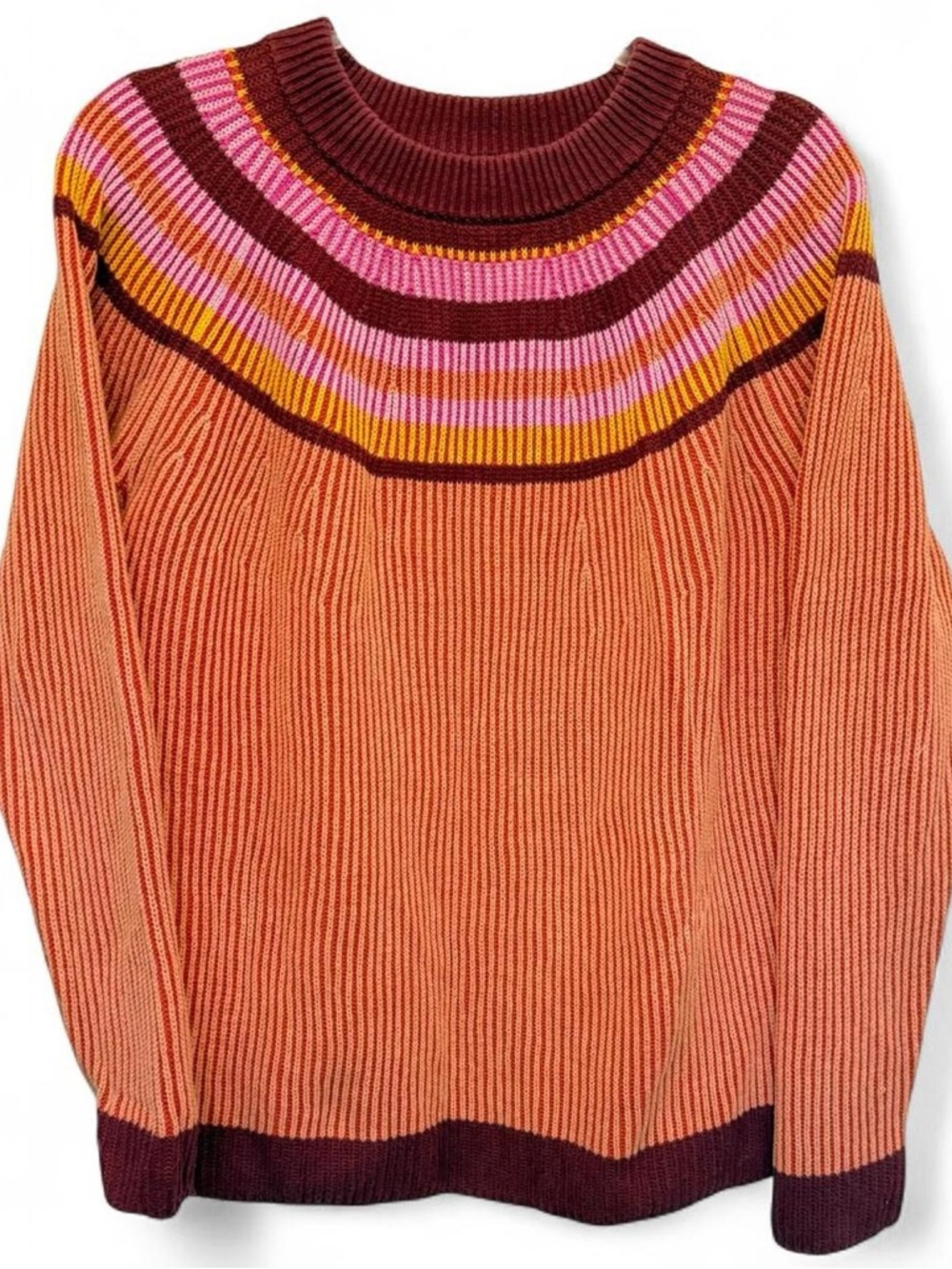 Lands End pink orange striped Drifter crewneck cotton sweater knit nautical boho